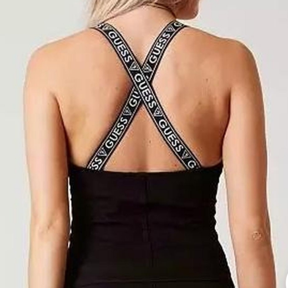GUESS Logo Denim Stretch Jumpsuit Black And White Elastic Criss Cross Straps